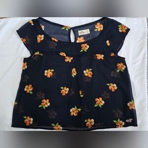 Hollister Floral Sheer Blouse Small Navy Orange Ruffle Cottagecore Top.